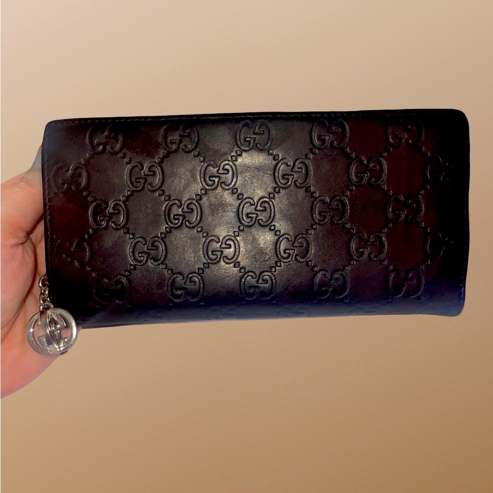 GUCCI Guccissima Brown Interlocking G GG Logo Leather Long Bifold Zipper Wallet